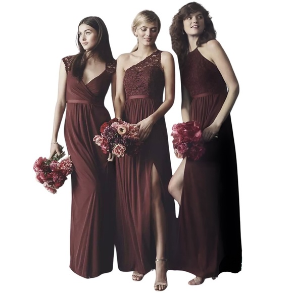 NWT! $180 David's Bridal Long Mesh Dress with Lace Cap Sleeves A- line Skirt - Picture 2 of 9